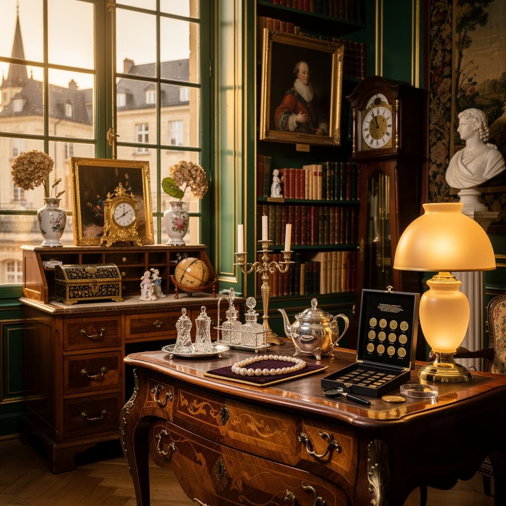 Salon privé d'antiquaire au Luxembourg — commode marquetée, service en argent, pendule en bronze doré, tableaux anciens et bibliothèque de livres reliés